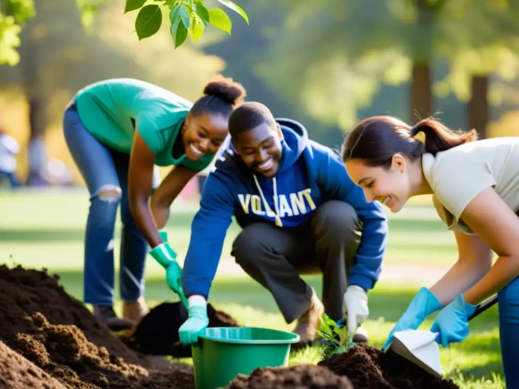 Un grupo diverso limpia un parque local, plantando árboles y reciclando, con enfoque en sostenibilidad