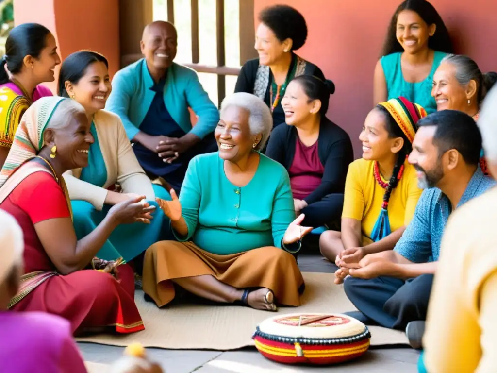 Un grupo diverso se reúne en un mercado vibrante para una sesión de storytelling para ONGs: Beneficiarios y Donantes, disfrutando de la narración de historias mientras el ambiente refleja conexión y comunidad