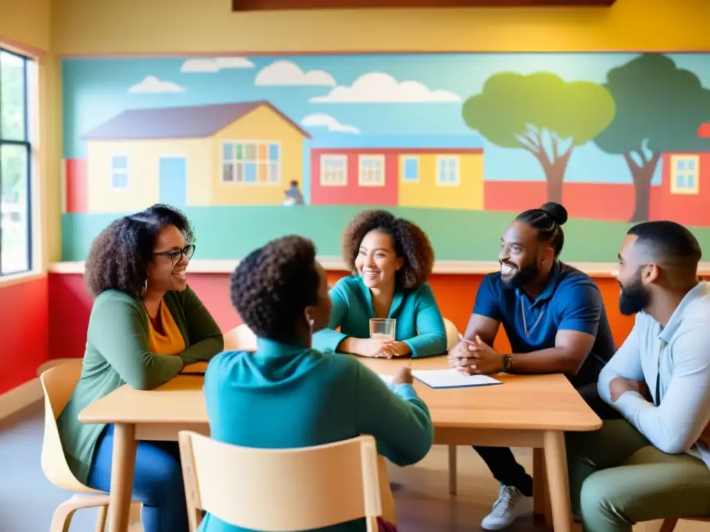 Conversación inspiradora en comunidad Un grupo diverso se reúne alrededor de una mesa, inmersos en una animada discusión