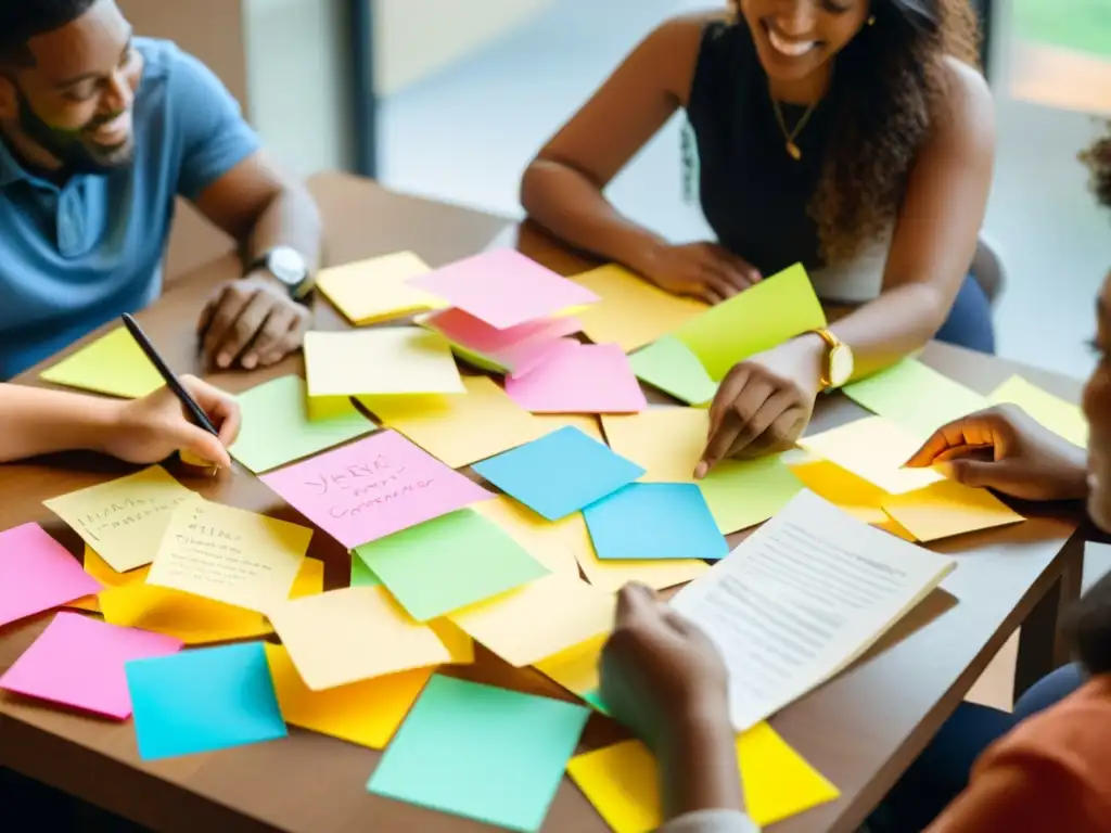 Un grupo diverso colabora en una mesa, con notas y documentos, creando impacto social