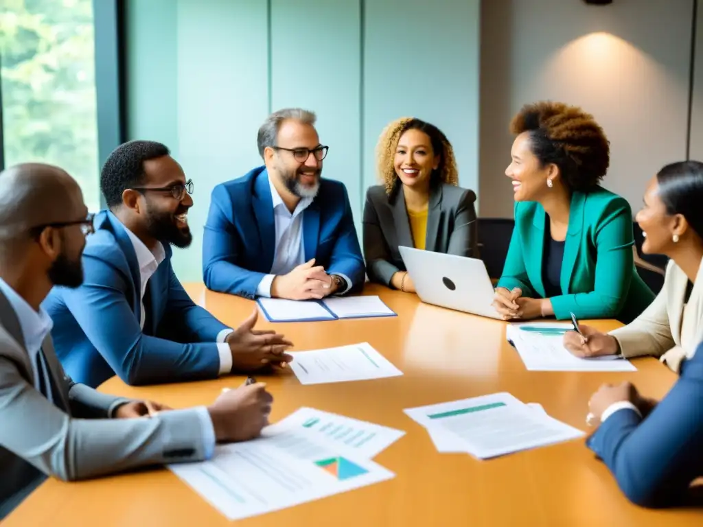 Grupo diverso discute métodos alternativos financiamiento ONGs con energía y pasión en entorno profesional y acogedor