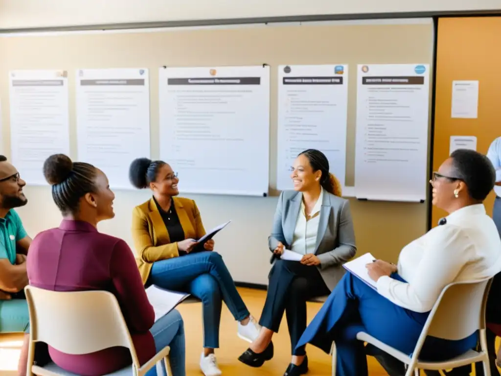 Un grupo diverso de miembros de la comunidad se reúne en círculo, discutiendo sus necesidades y desafíos para una gestión efectiva de comunidades ONG