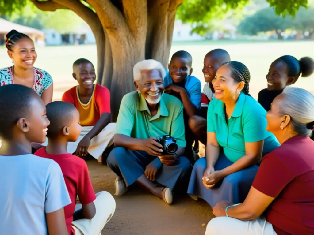 Un grupo diverso de miembros de la comunidad captura momentos de la vida cotidiana bajo un árbol