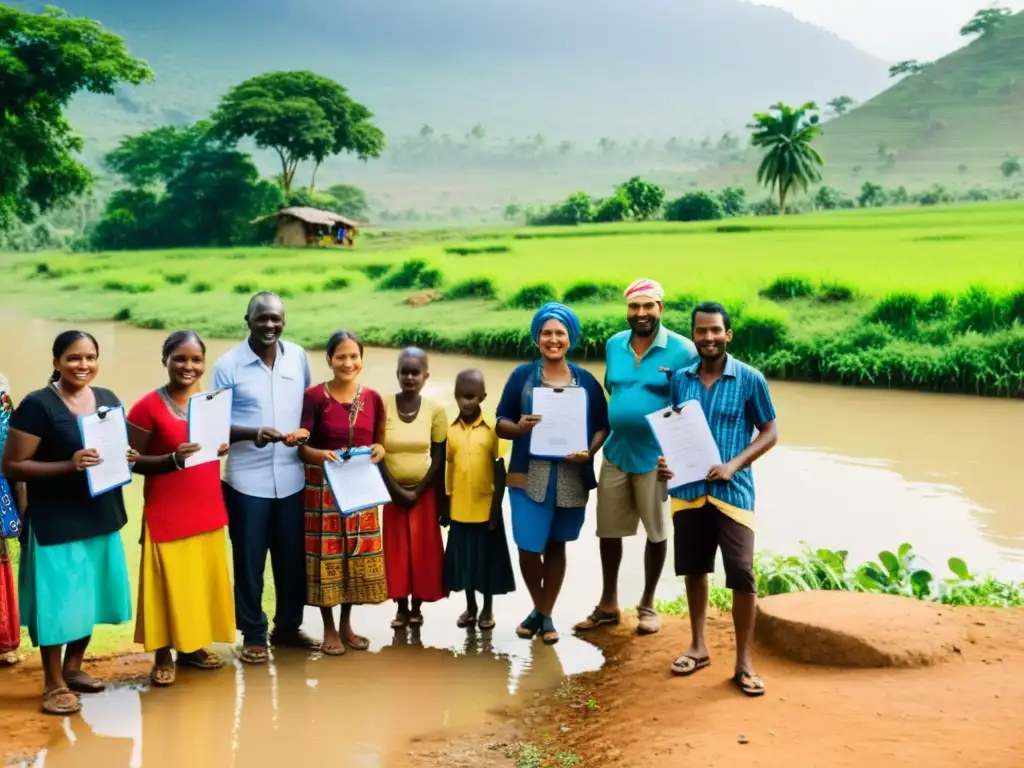 Un grupo diverso de miembros de la comunidad se reúne en torno a una fuente de agua local, realizando un monitoreo participativo en ONGs