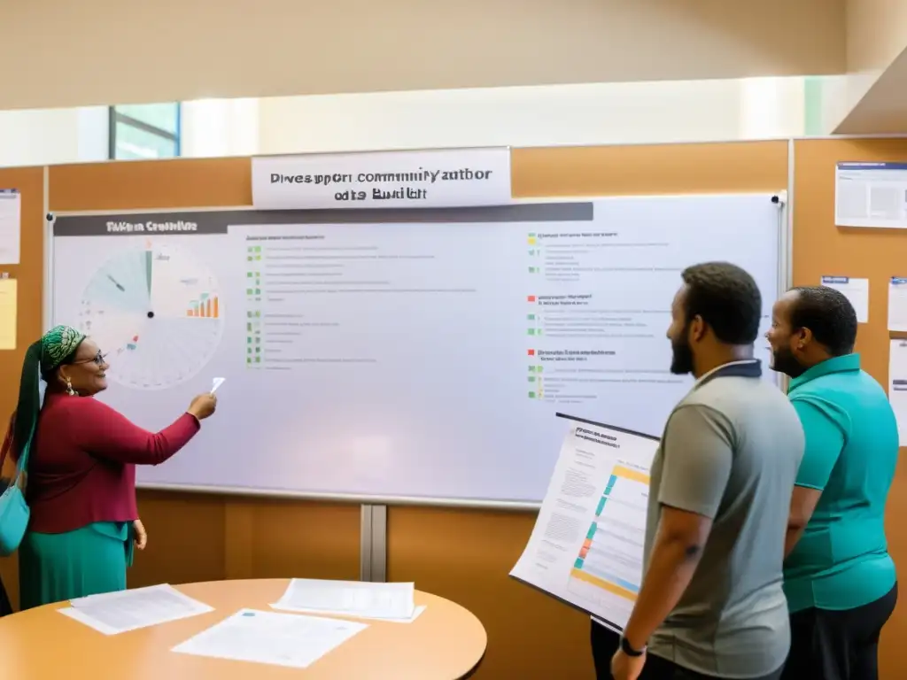 Un grupo diverso de miembros de la comunidad se reúne en un centro comunitario, analizando datos y gráficos en un ambiente de colaboración