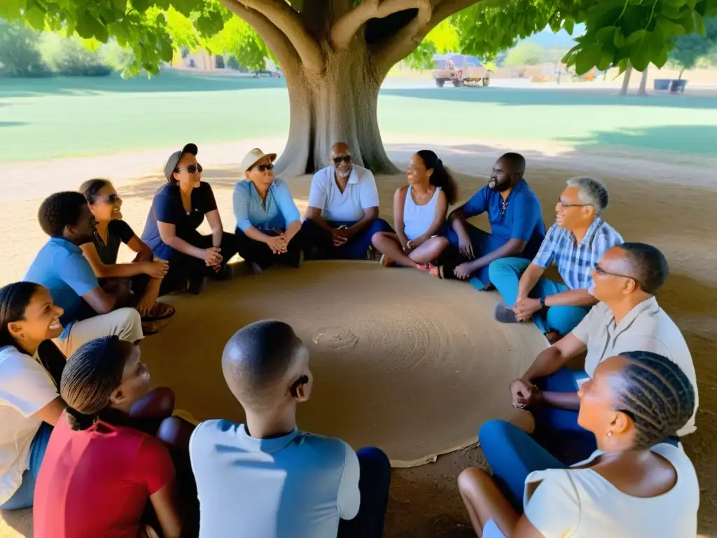 Un grupo diverso de miembros de la comunidad se reúne bajo un árbol, discutiendo animadamente sobre el desarrollo comunitario en áreas rurales