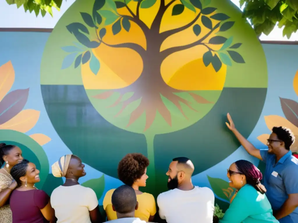 Un grupo diverso de miembros de la comunidad se reúne bajo un árbol, discutiendo estrategias de éxito para el desarrollo comunitario