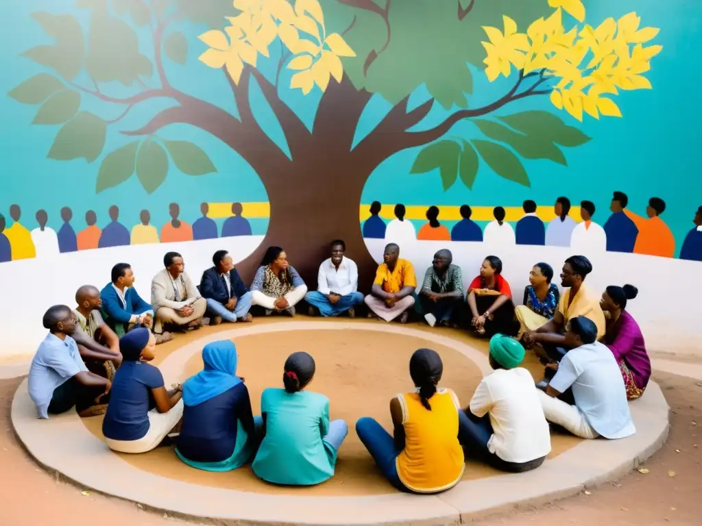 Un grupo diverso de miembros de la comunidad y trabajadores de ONGs se reúnen bajo un árbol, participando en enfoques participativos de gestión de proyectos de desarrollo comunitario