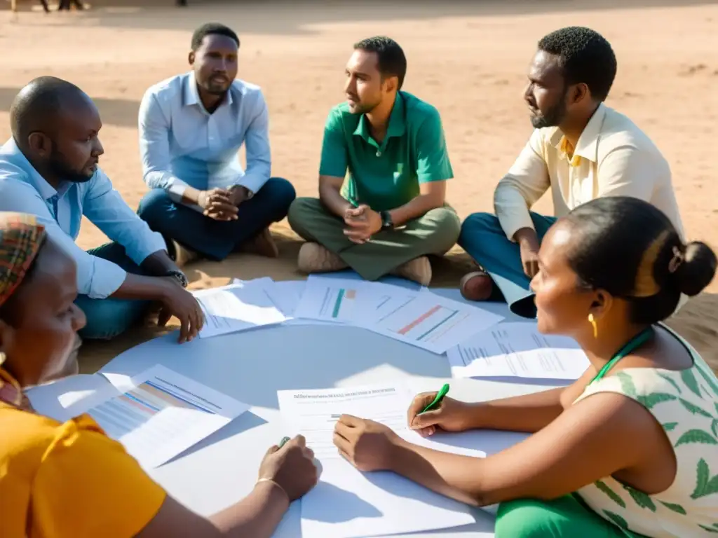 Un grupo diverso de miembros de la comunidad y personal de ONG participa en una sesión de monitoreo y evaluación participativa de proyectos