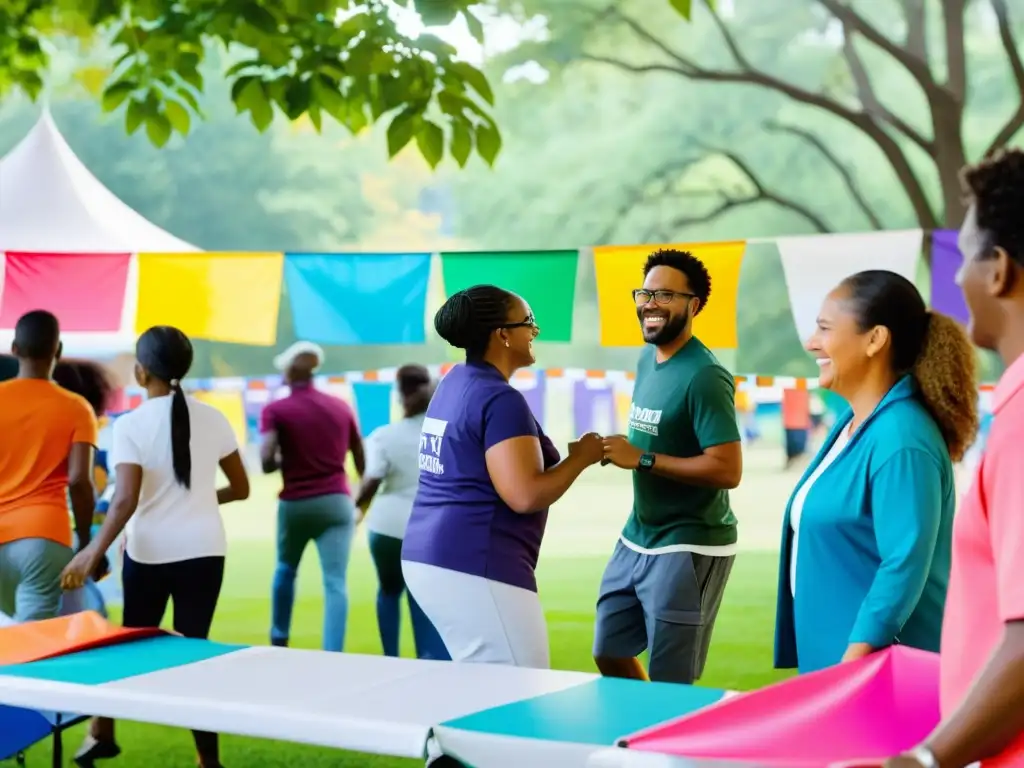 Un grupo diverso de miembros de la comunidad se reúnen en un parque local para preparar un evento comunitario para captar fondos