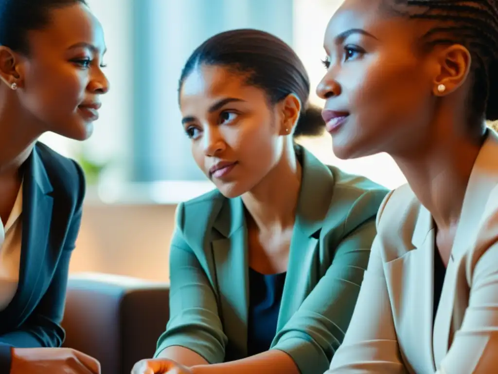 Grupo diverso de mujeres empoderadas en discusión sobre perspectiva de género en ONGs