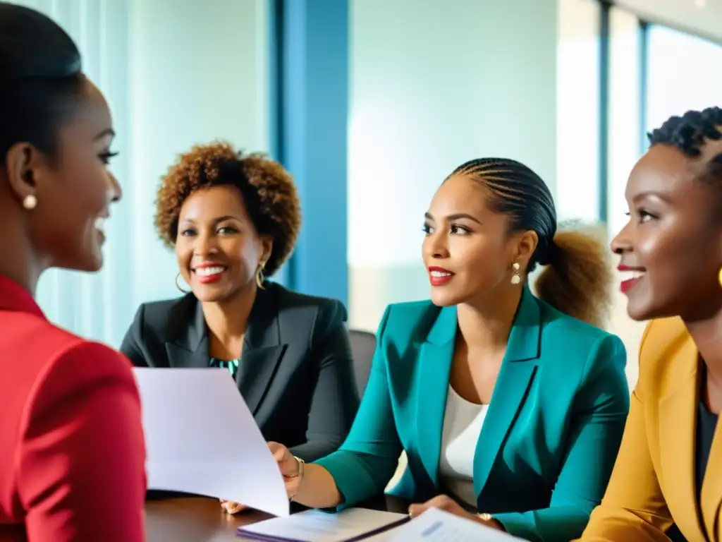 Un grupo diverso de mujeres discute empoderamiento y capacitación en ONG