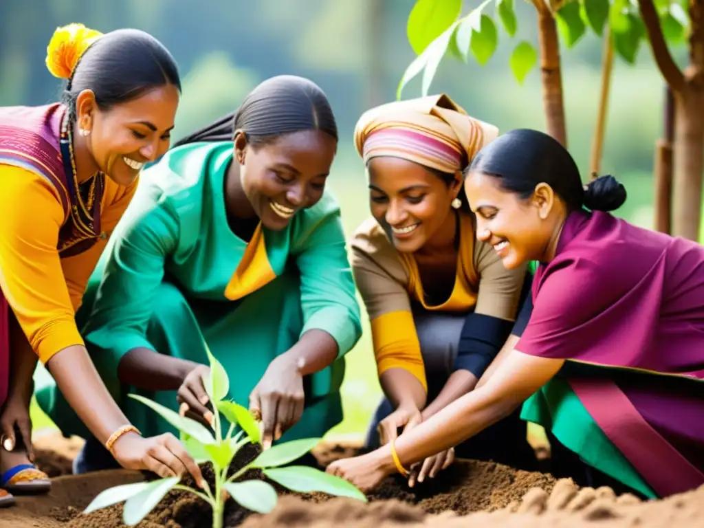 Grupo diverso de mujeres y hombres trabajando juntos en un proyecto comunitario, integrando perspectiva de igualdad género