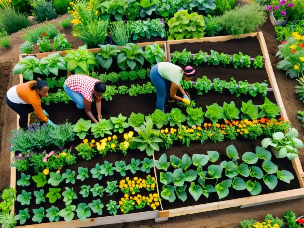 Grupo diverso de mujeres trabajando juntas en un jardín comunitario sostenible, integrando perspectiva de igualdad género