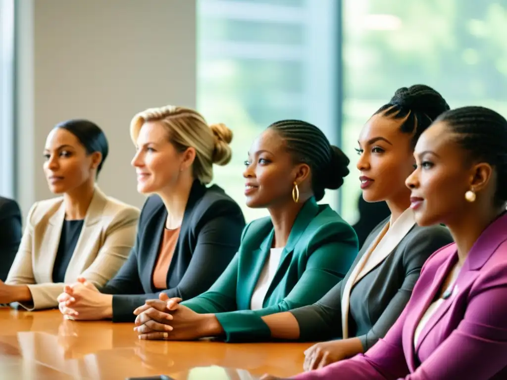 Grupo diverso de mujeres en una reunión, empoderamiento mujeres organizaciones sin fines, expresando determinación y liderazgo