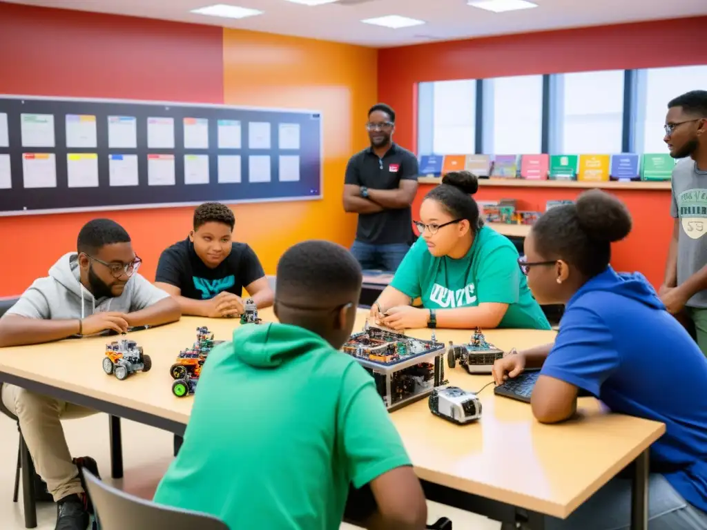 Un grupo diverso de niños y jóvenes se reúnen alrededor de una mesa llena de kits de robótica, componentes electrónicos y laptops