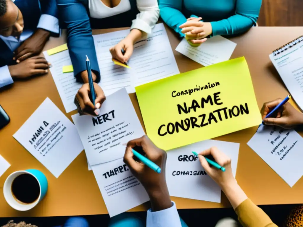 Un grupo diverso discute y colabora para elegir el nombre perfecto de una ONG