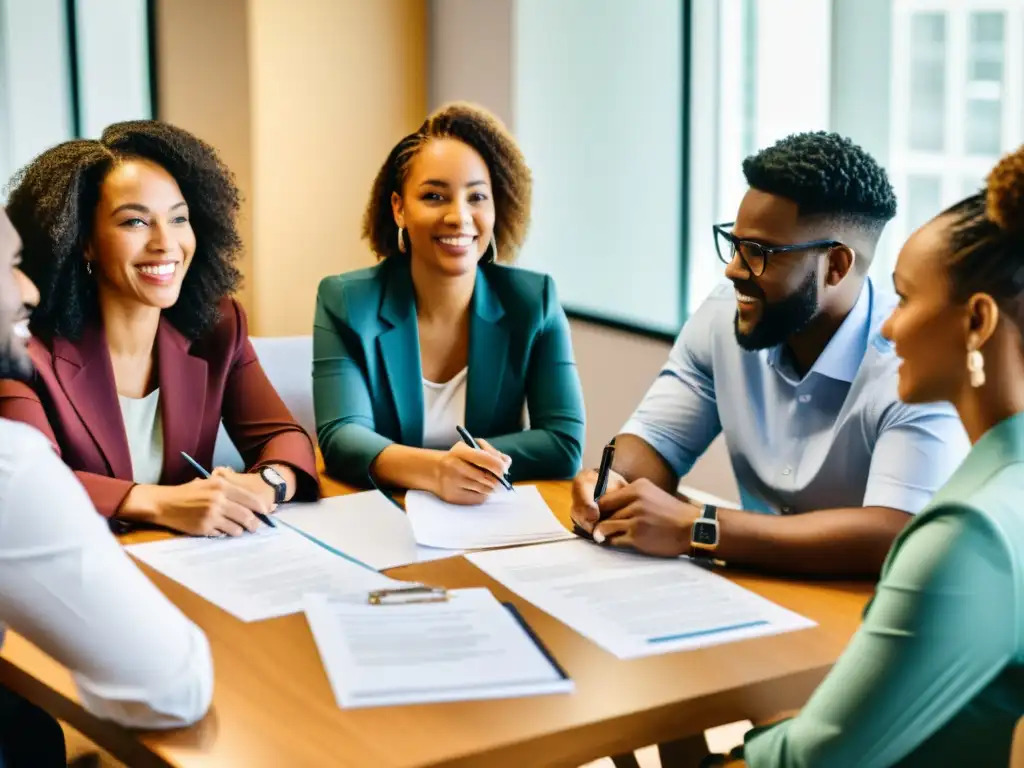 Grupo diverso debatiendo nombres para ONG, reflejando colaboración e inspiración en el proceso de selección