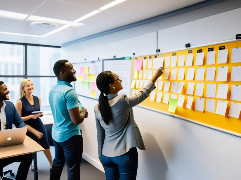 Grupo diverso en oficina colaborando en gestión ágil de proyectos ONGs, reflejando energía y trabajo en equipo