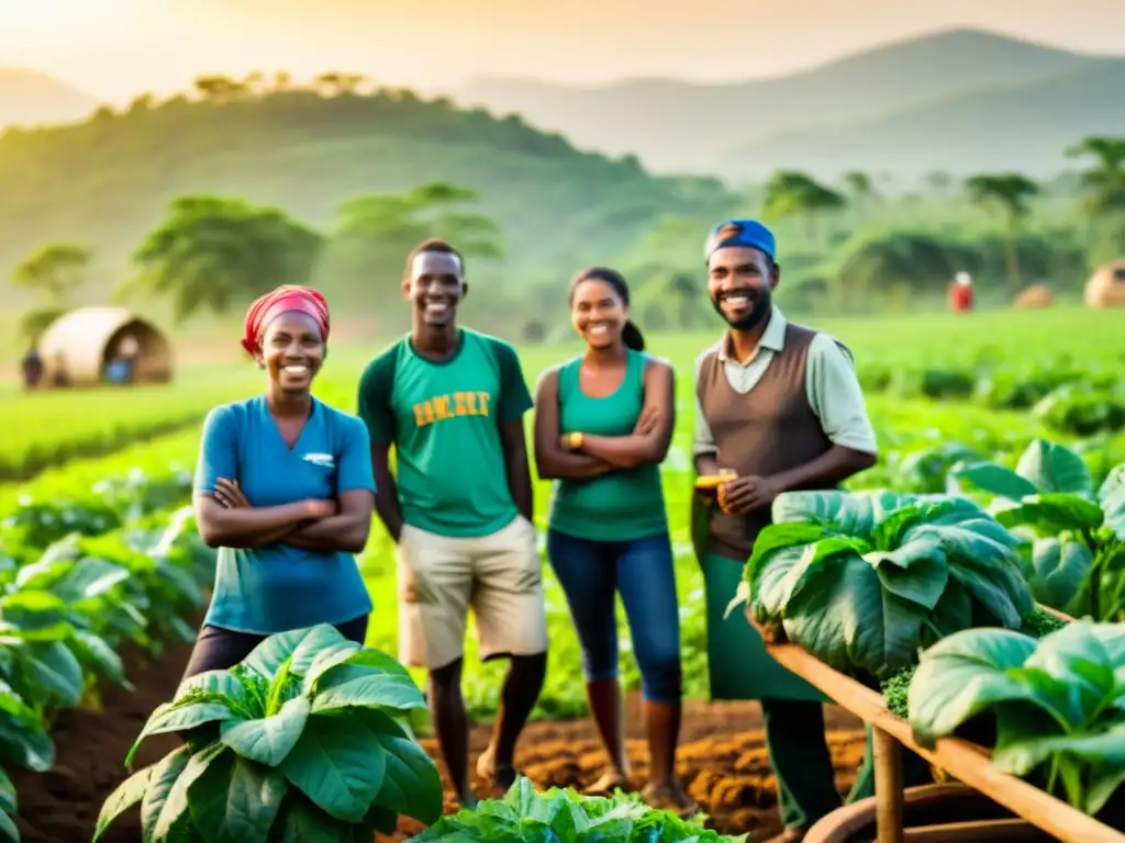 Grupo diverso de ONGs y agricultores practicando métodos responsables en un campo vibrante