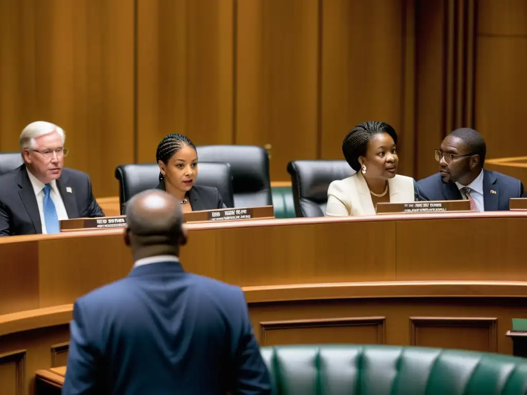 Grupo diverso de ONGs y legisladores en apasionado debate en cámara legislativa, reflejando compromiso con el proceso legislativo para ONGs