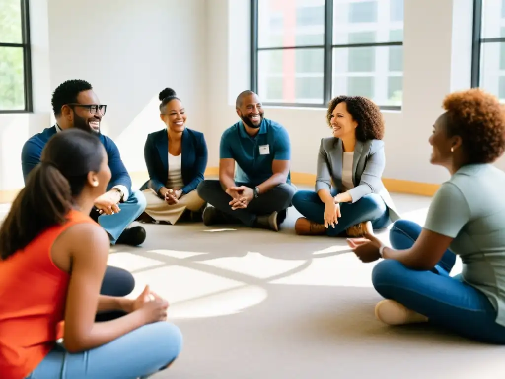 Un grupo diverso de una organización sin fines de lucro participa en un taller de trabajo en equipo