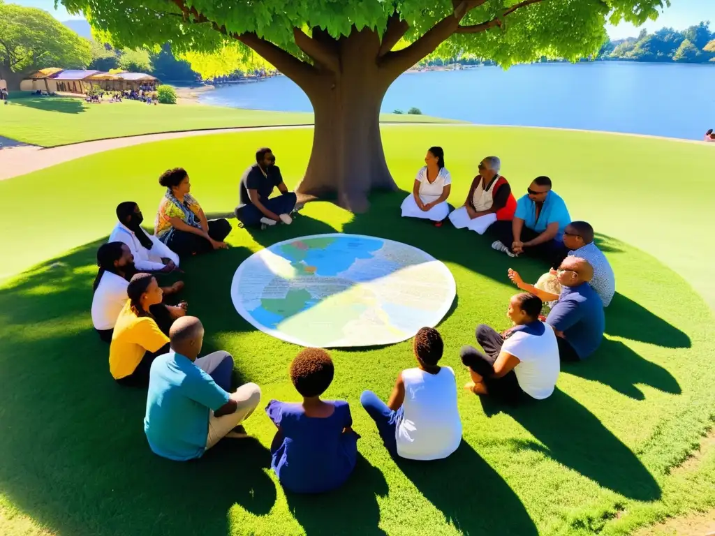 Grupo diverso participa en investigación participativa y empoderamiento comunitario bajo un árbol con arte y banderas coloridas