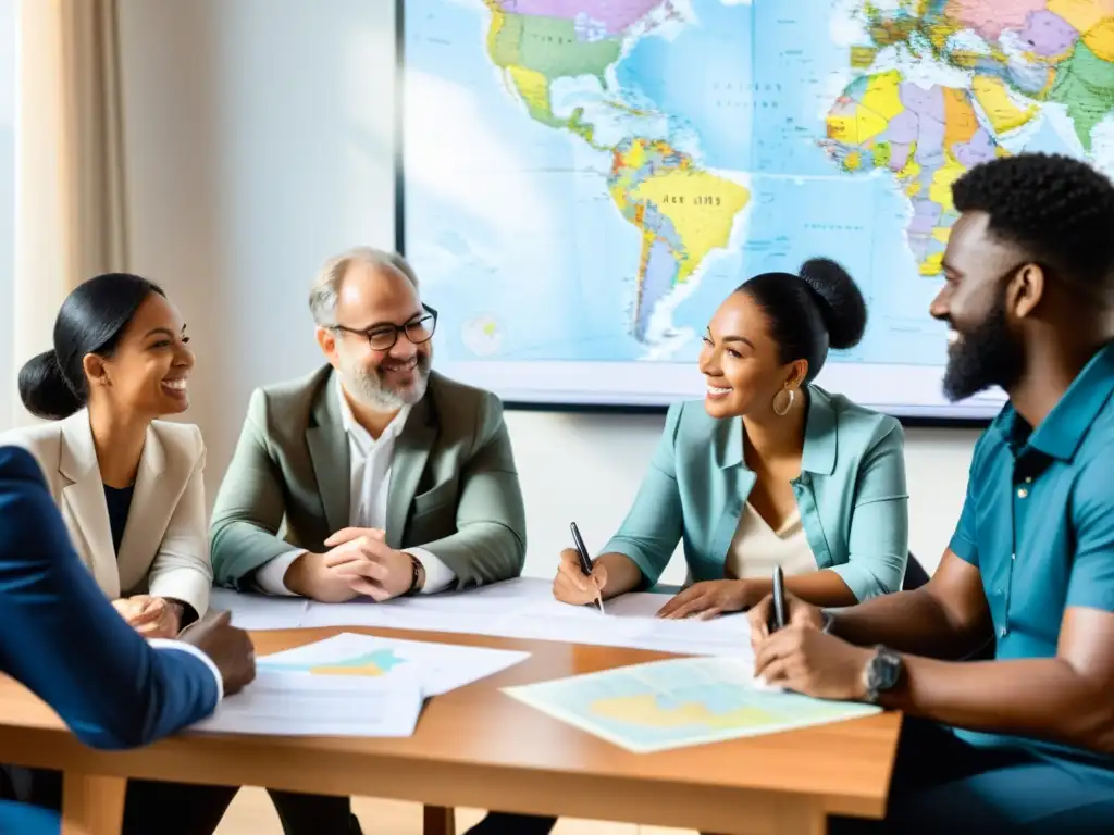 Grupo diverso de personas colaborando en alianzas transfronterizas para ONGs, con atmósfera de cooperación y profesionalismo