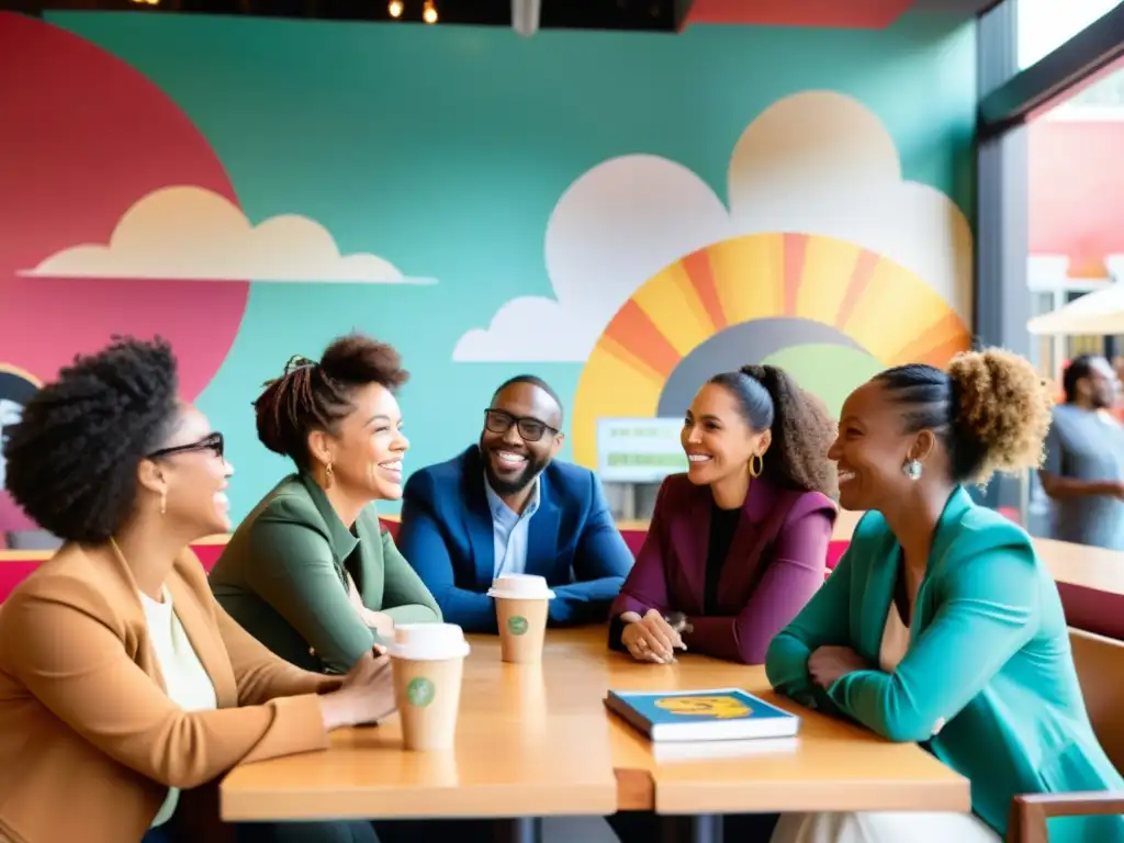 Un grupo diverso de personas apasionadas de ONGs dialogan en un café