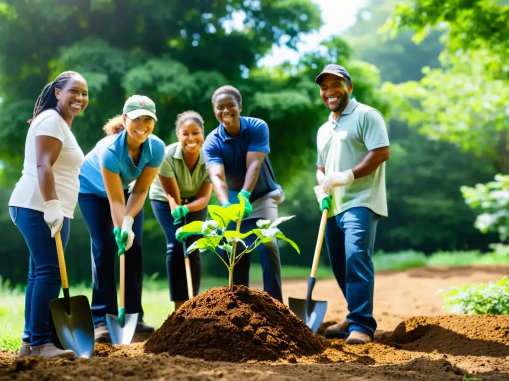 Un grupo diverso de personas planta un árbol juntas, mostrando su compromiso con la sostenibilidad y la colaboración en proyectos de ONGs