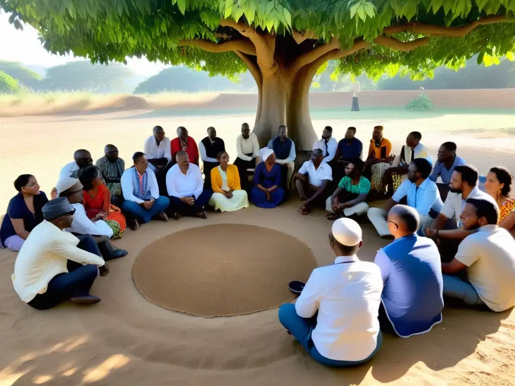 Un grupo diverso de personas se reúne bajo un árbol, colaborando en un proyecto comunitario