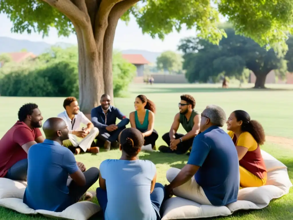 Un grupo diverso de personas se reúne bajo un árbol, en una animada discusión