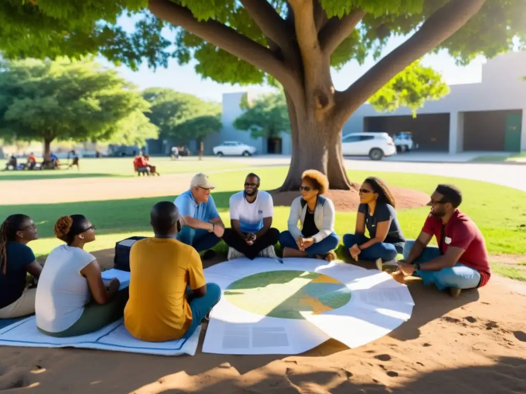 Grupo diverso de personas se reúnen bajo un árbol, discutiendo proyectos de innovación social ONGs con mapas y planes