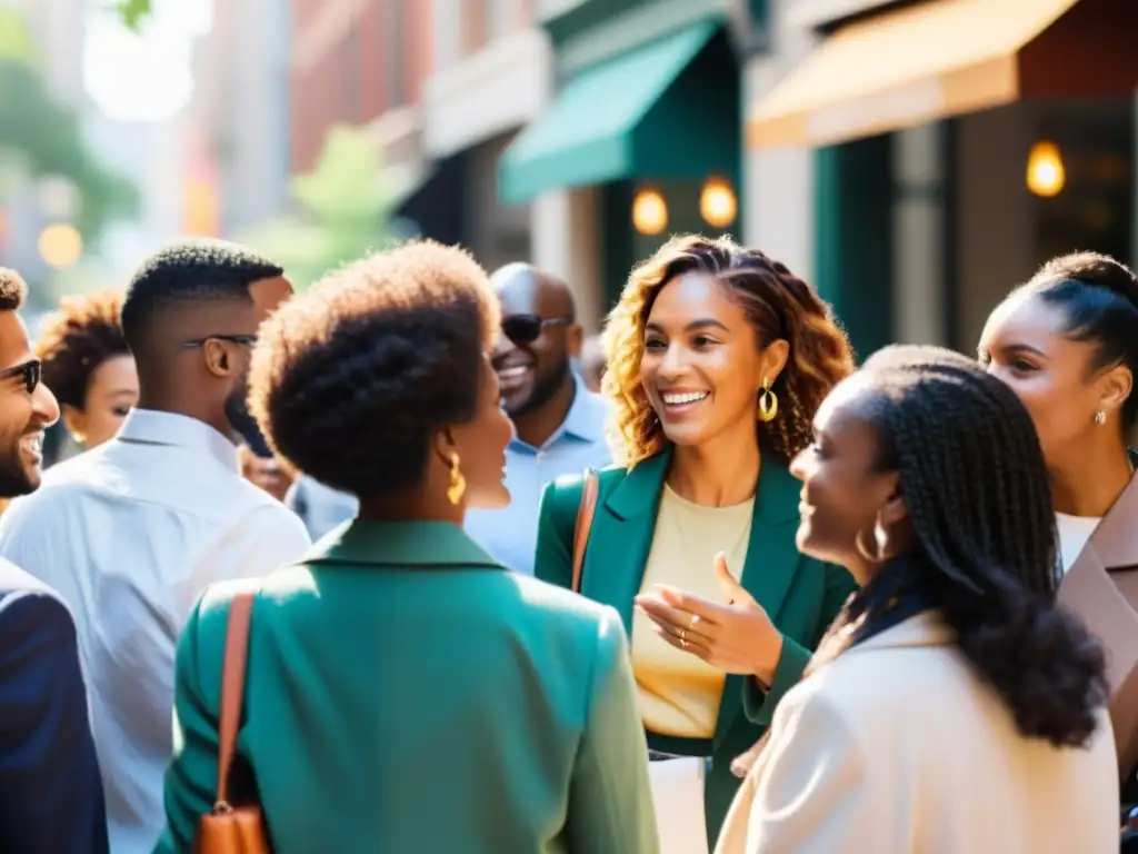Influencers y ONGs: Colaboración en la ciudad Un grupo diverso de personas se reúne en una bulliciosa calle de la ciudad, compartiendo ideas y creando conexiones significativas