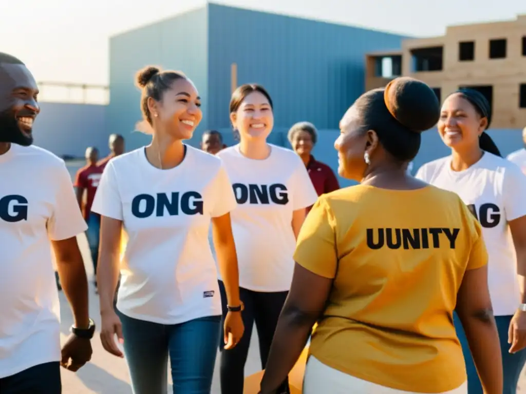 Un grupo diverso de personas con camisetas de ONG se unen, mirando hacia el horizonte con esperanza