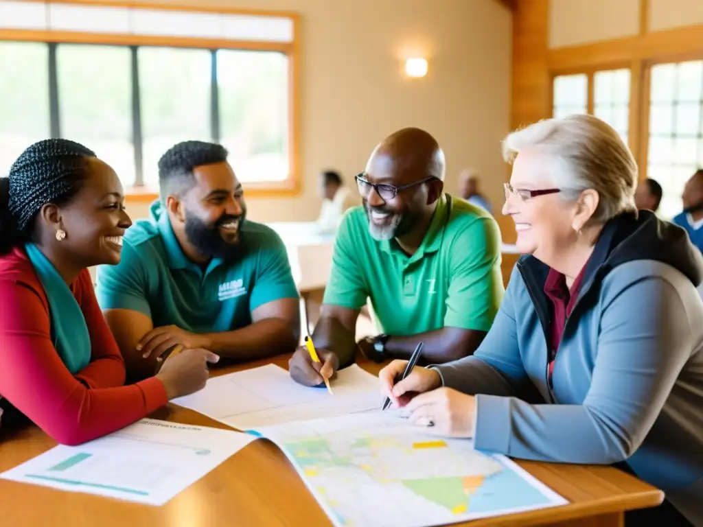 Un grupo diverso de personas colabora en un centro comunitario, con mapas y planes de proyecto sobre la mesa