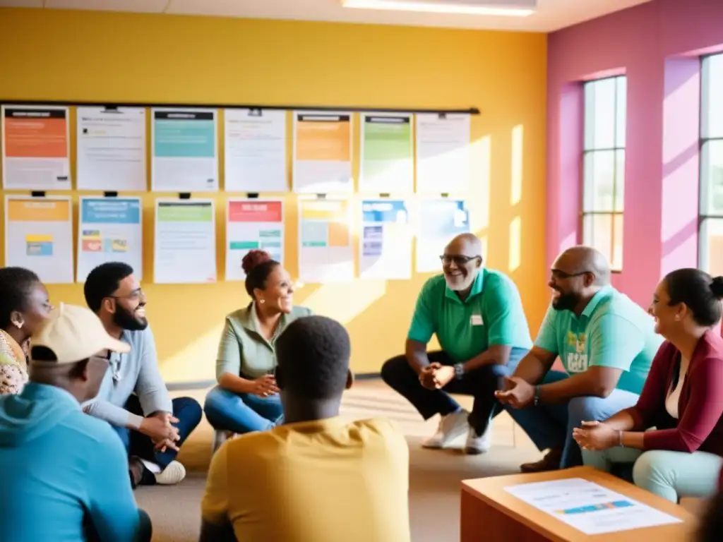 Un grupo diverso de personas se reúne en un centro comunitario, debatiendo proyectos de impacto social