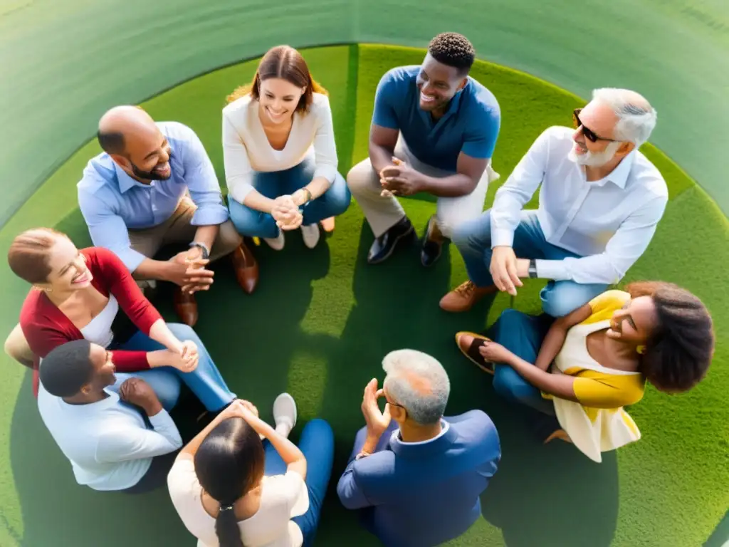 Un grupo diverso de personas se reúne en un círculo en un campo vibrante, discutiendo con intensidad