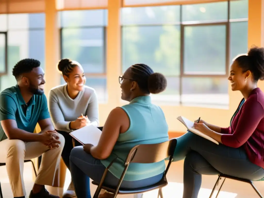 Un grupo diverso de personas se sienta en círculo, conversando con empatía y comprensión en un centro comunitario cálido