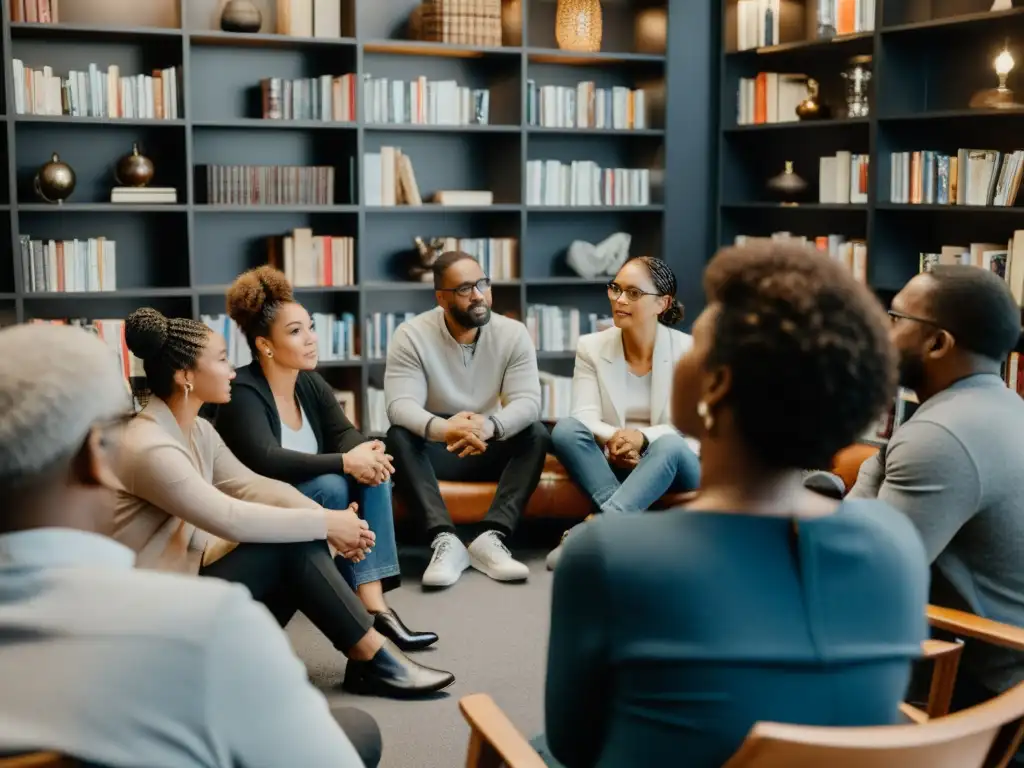 Un grupo diverso de personas se sienta en círculo, compartiendo historias personales con pasión y empatía en una habitación acogedora y contemplativa