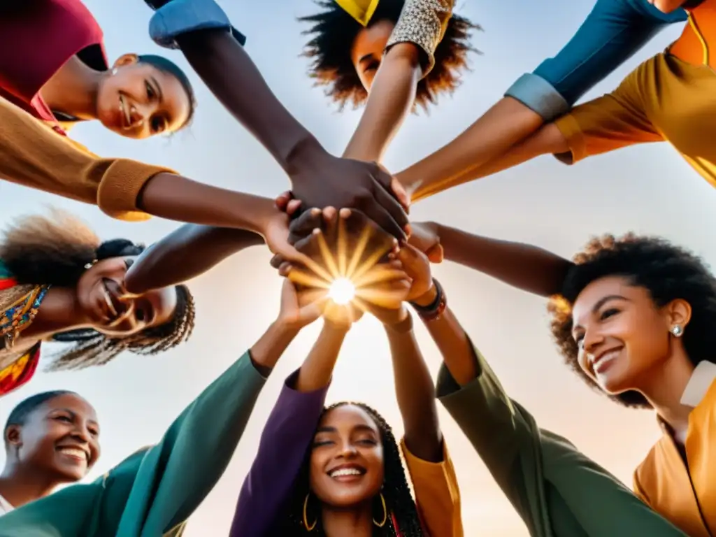 Un grupo diverso de personas se une en un círculo, mirando hacia el horizonte con determinación y unidad mientras el sol se pone detrás de ellos