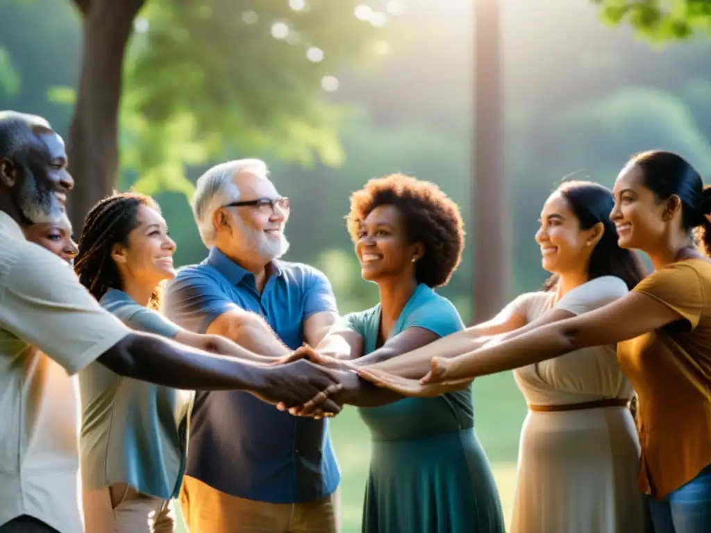 Un grupo diverso de personas se reúne en círculo, unidas y mirando hacia el horizonte con esperanza en un entorno natural