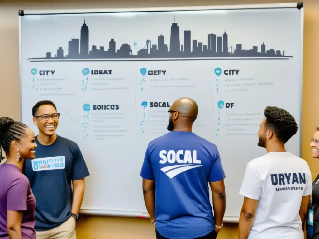 Un grupo diverso de personas en la ciudad, vistiendo camisetas con logotipos de ONGs, colaborando en ideas disruptivas en una pizarra