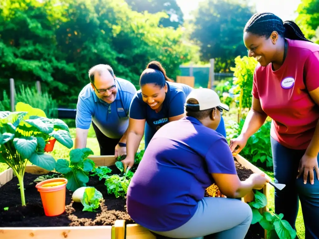 Grupo diverso de personas con discapacidad trabajando en jardín comunitario, mostrando integración social en proyectos inclusivos