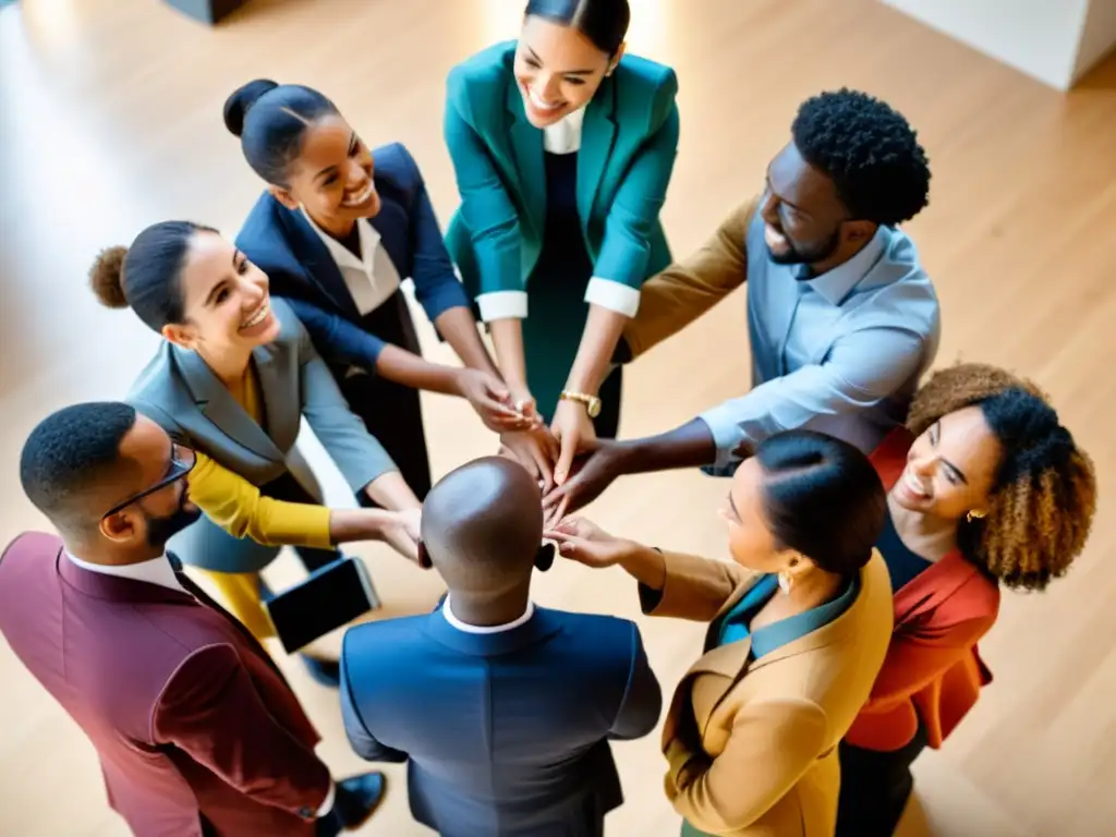 Un grupo diverso de personas discute y colabora en un espacio vibrante