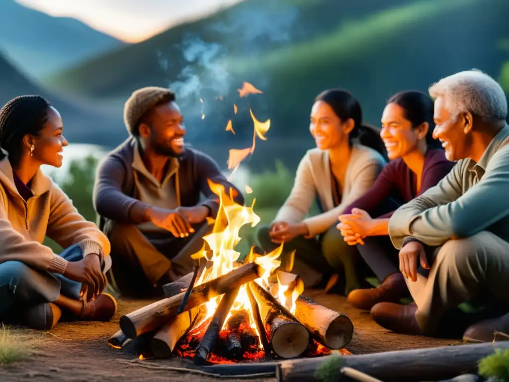 Un grupo diverso de personas se reúne alrededor de una fogata, compartiendo historias con pasión y emoción