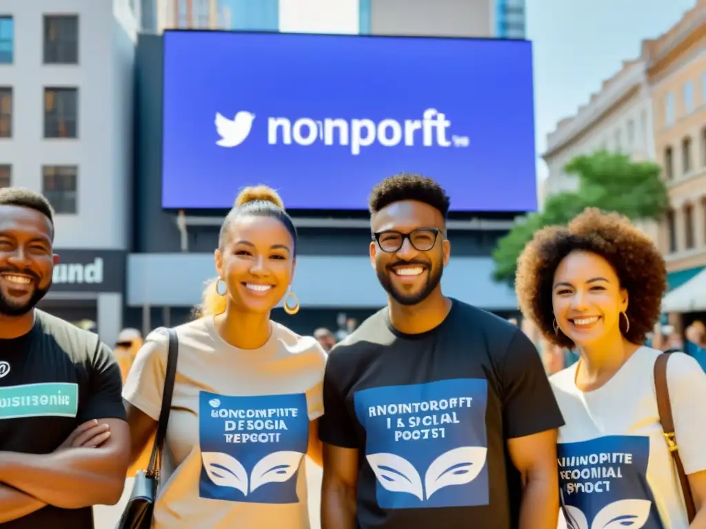 Un grupo diverso de personas sonríe frente a un gran cartel digital en la plaza de la ciudad, mostrando el impacto del posicionamiento ONG en las relaciones públicas digitales