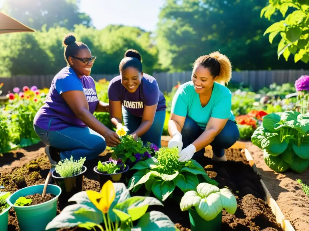 Un grupo diverso de personas con diferentes habilidades y discapacidades trabaja juntas en un jardín comunitario, fomentando la integración social en proyectos inclusivos