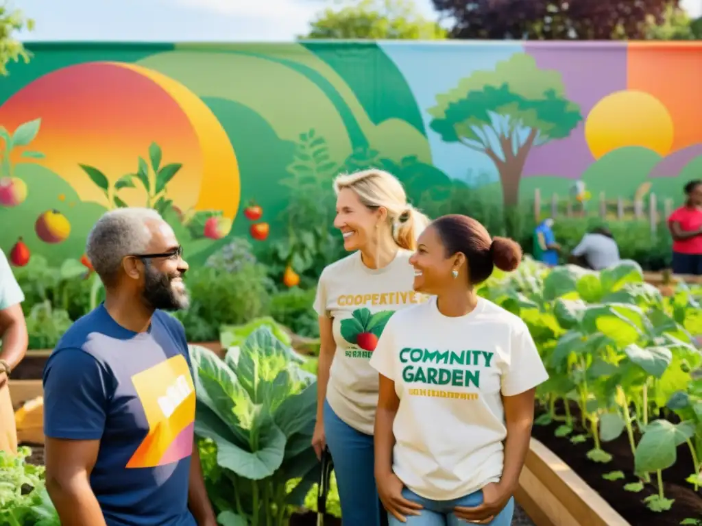 Un grupo diverso de personas colabora en un huerto comunitario, usando camisetas cooperativas