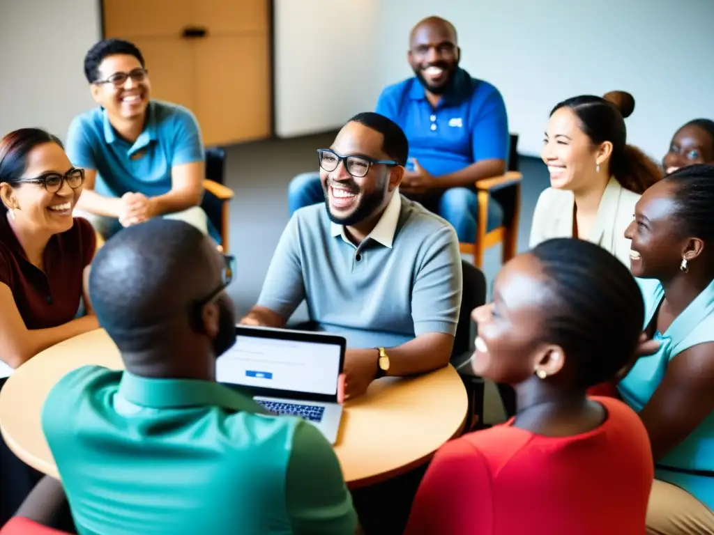 Un grupo diverso de personas, incluidas personas con discapacidad, colaborando en un círculo para diseñar elearning accesible para ONGs